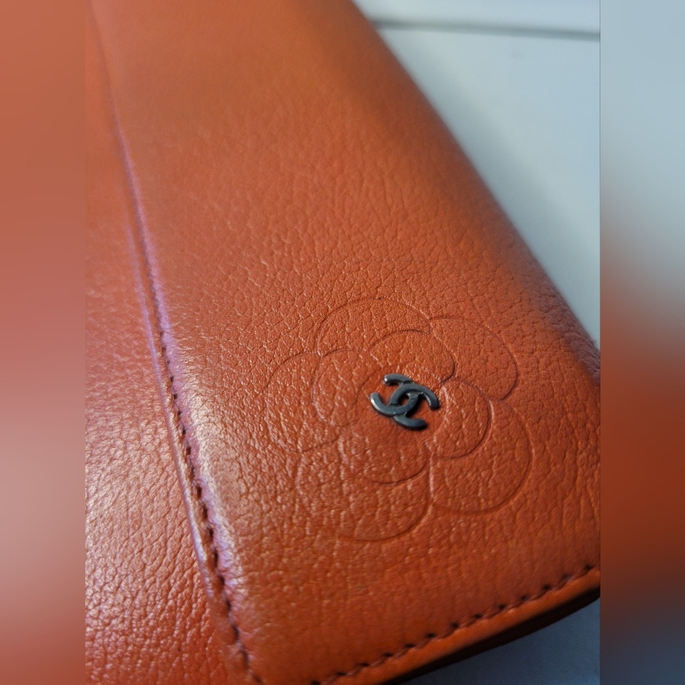 Chanel Lambskin Camelia Flower Long Orange Wallet - Picture 2 of 4
